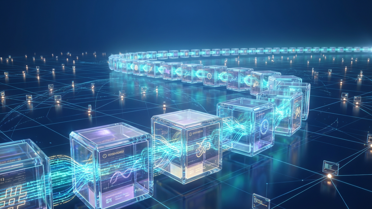 Conceptual illustration of blockchain technology showing a chain of transparent digital blocks connected across a decentralized global network
