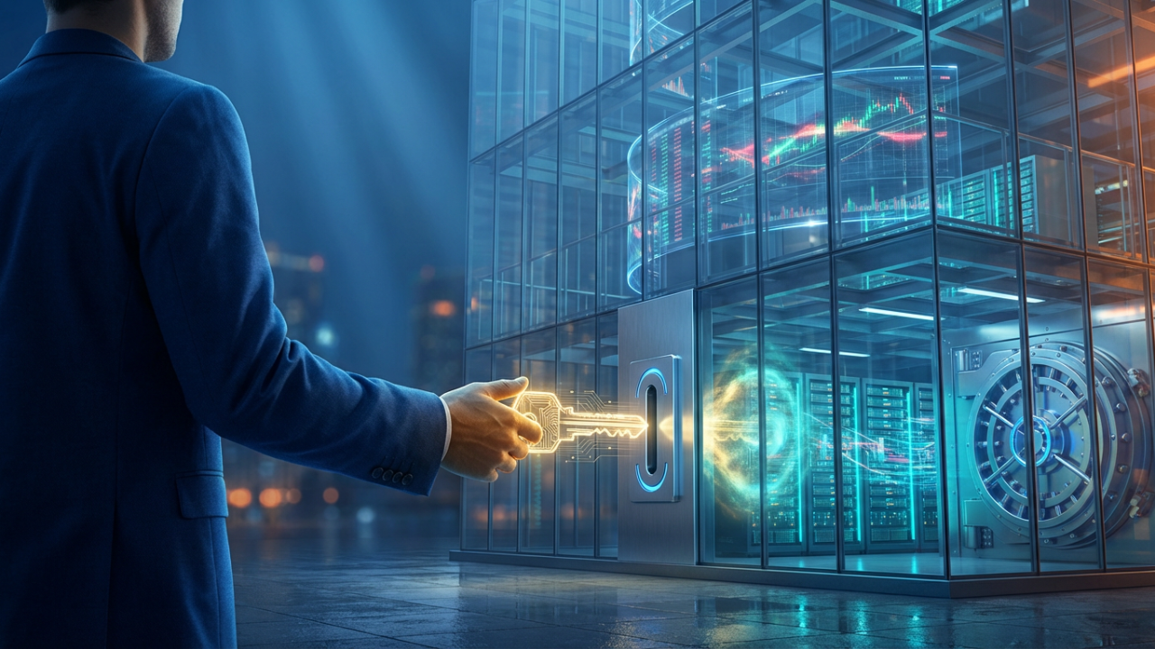 Conceptual illustration of a user handing over a glowing private key to a centralized crypto exchange building, symbolizing custody transfer and exchange control over deposited funds.
