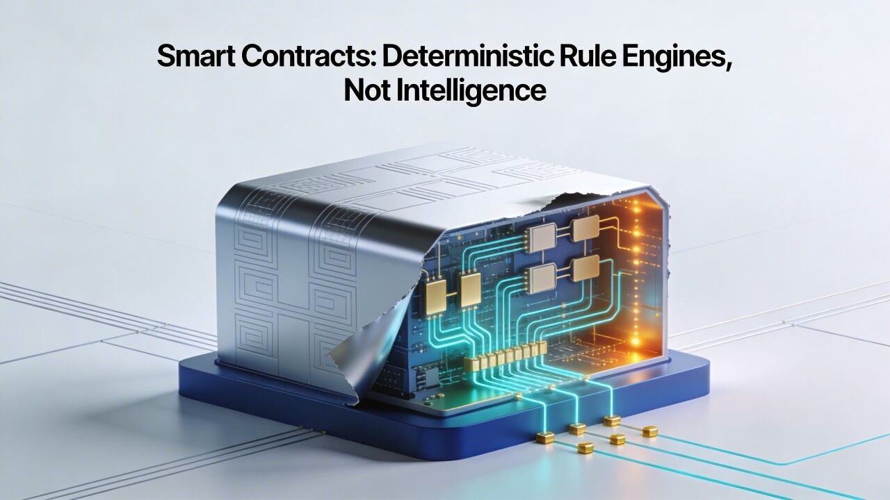 Illustration of smart contracts as deterministic rule engines, showing automated blockchain logic inside a digital machine
