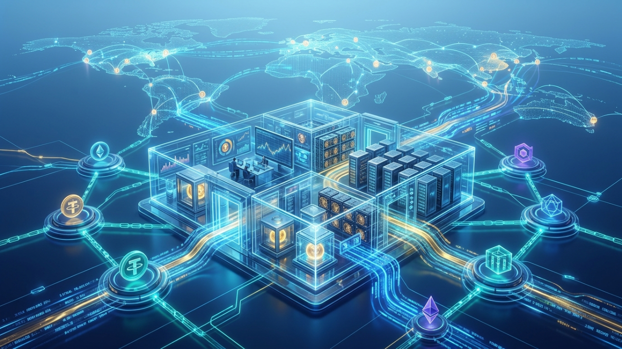 Conceptual illustration of the crypto industry infrastructure showing exchanges, stablecoin issuers, custody providers and mining data centers powering the digital asset economy.