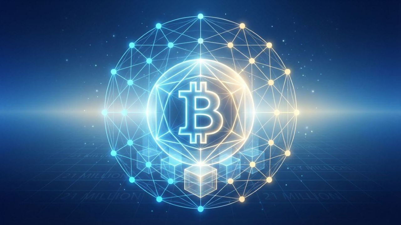 Bitcoin shown as a glowing digital core inside a network sphere, with geometric links and subtle “21 million” references to suggest fast, scalable payment rails built on top of Bitcoin.