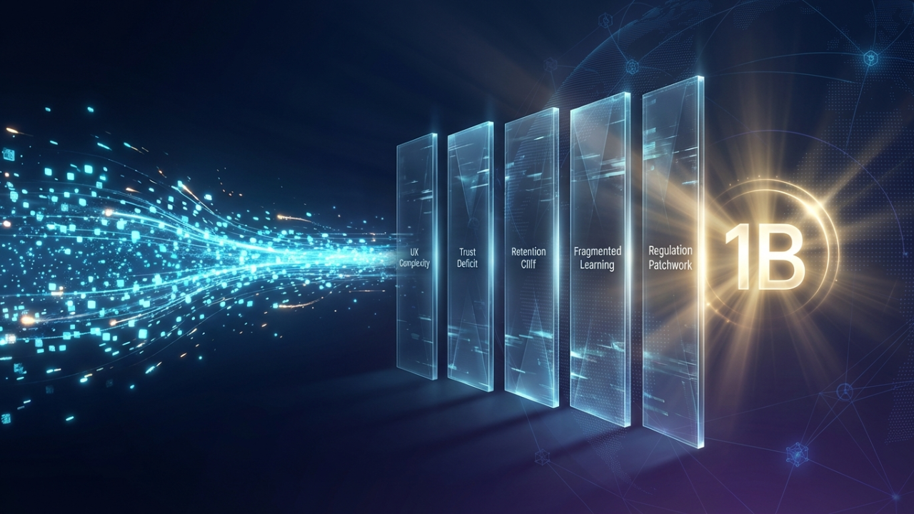 Five structural barriers preventing cryptocurrency adoption from reaching one billion users, including UX complexity, trust deficit, user churn, fragmented learning, and regulatory inconsistency