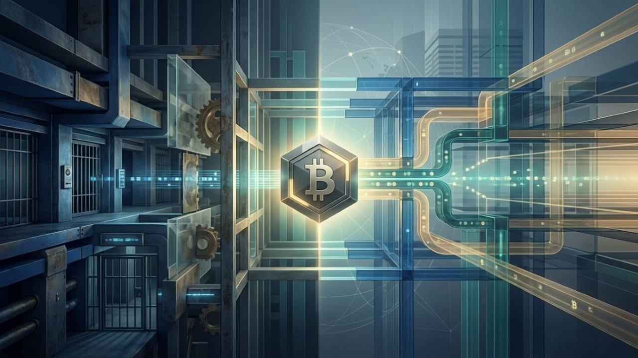 Illustration of Bitcoin as secure digital money, showing a glowing Bitcoin symbol connecting vault-like infrastructure and blockchain networks