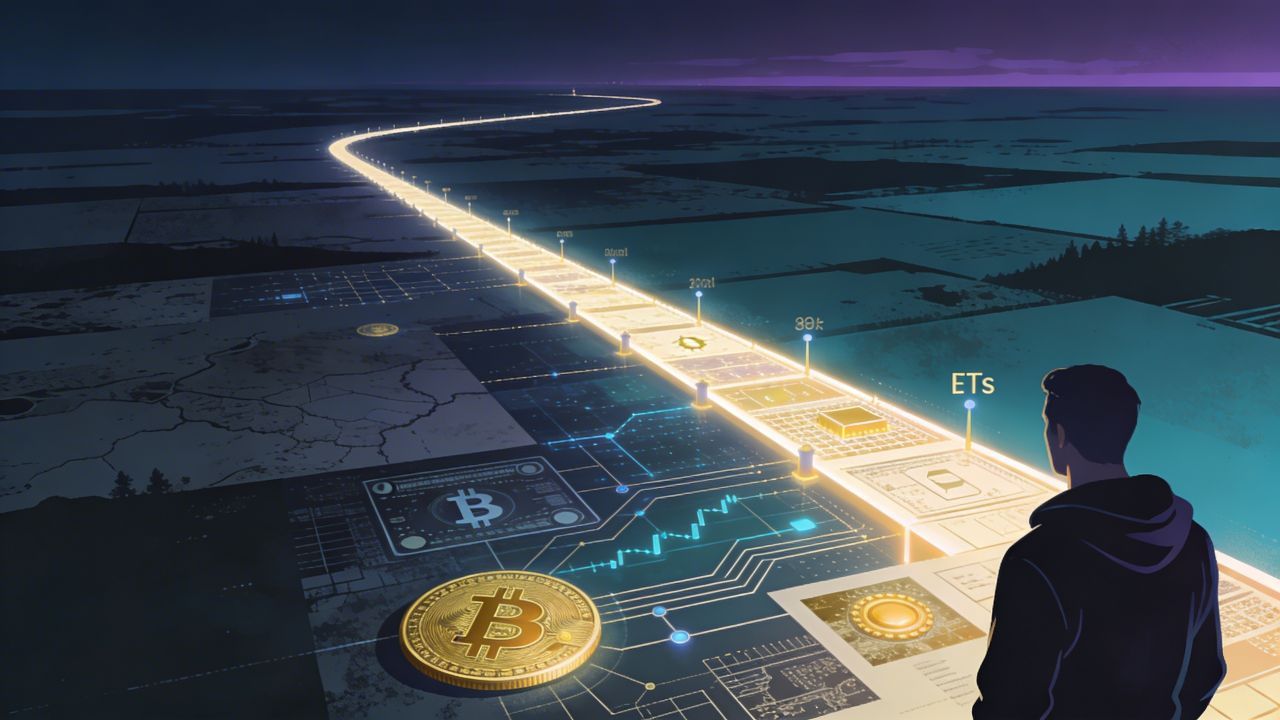 Futuristic cryptocurrency timeline with Bitcoin symbols, digital milestones, and a person viewing the evolution of crypto technology