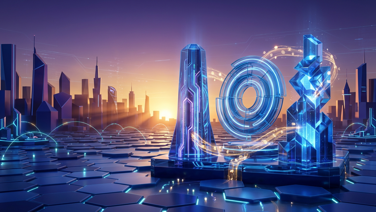 Cinematic illustration of an interconnected DeFi ecosystem with three core financial structures representing lending, swapping, and staking