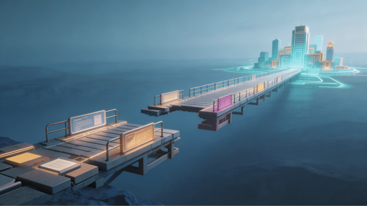 Concept illustration of the crypto learning journey, showing a digital pathway from fragmented information toward a structured cryptocurrency education platform