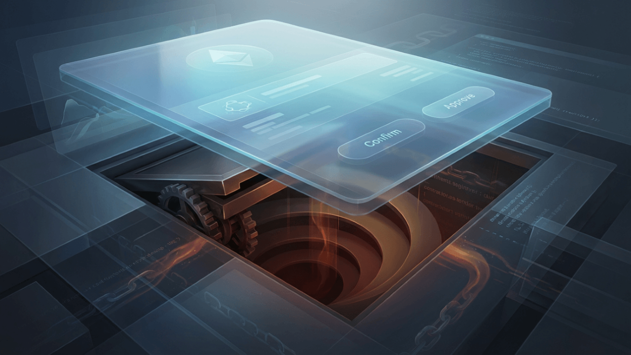 Illustration of approval phishing in crypto, showing a fake wallet confirmation screen hiding a dangerous smart contract permission trap