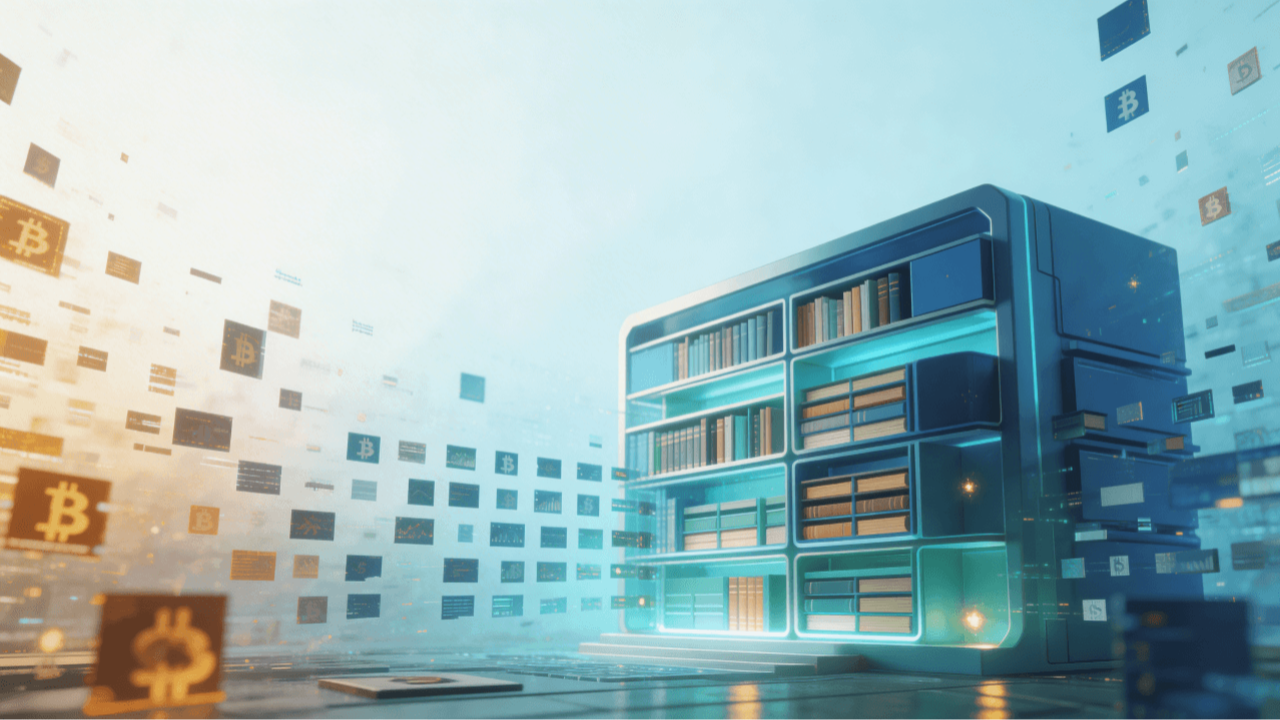 Digital crypto knowledge library with floating Bitcoin data panels, representing blockchain education, crypto research, and structured learning