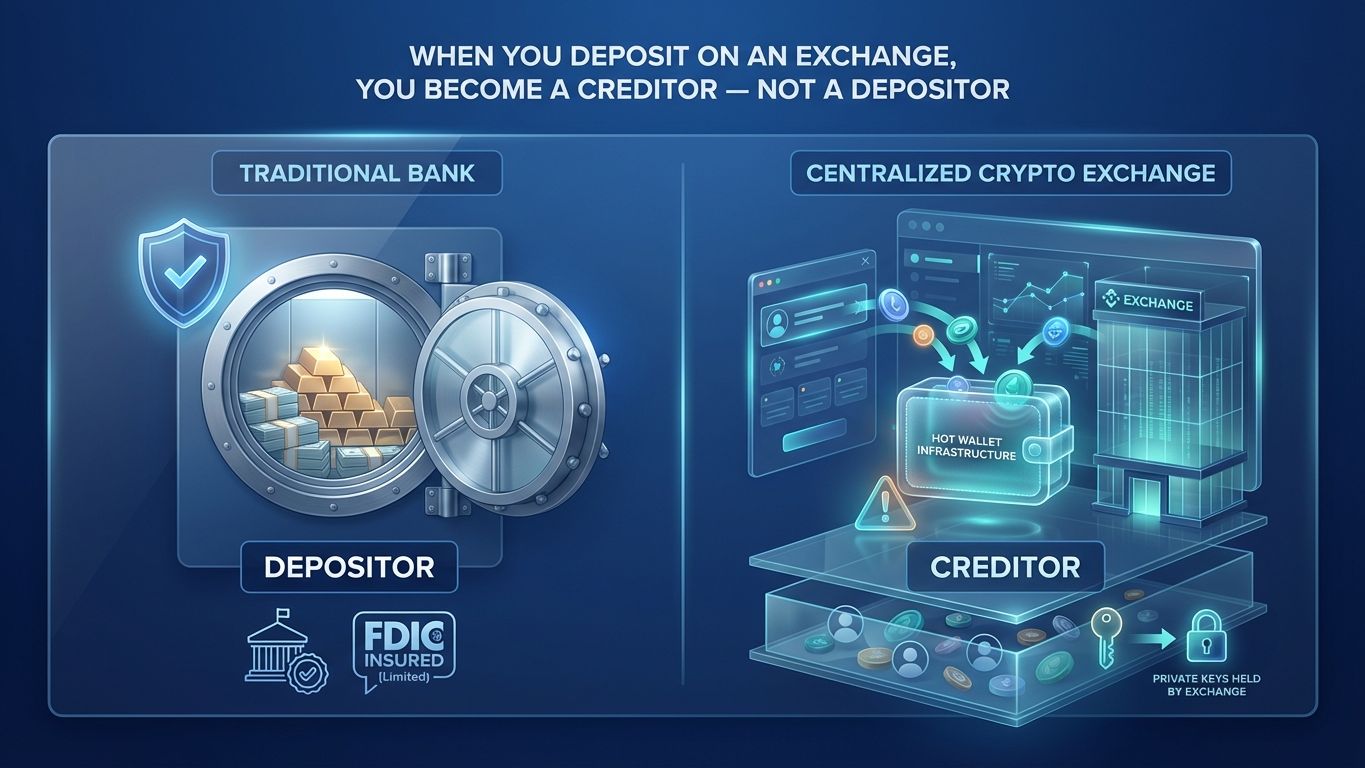 Diagram showing how a centralized crypto exchange handles funds from deposit to custody, internal order book trading, and withdrawal, with comparison to decentralized exchange (DEX) wallet-to-smart-contract flow.