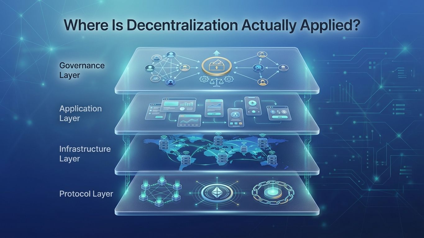 Layered diagram illustrating where decentralization is applied across blockchain systems, showing protocol, infrastructure, application, and governance layers stacked in a structured framework