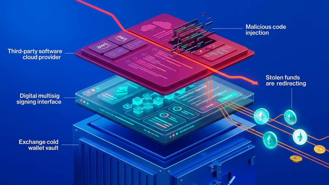 Illustration showing how a supply chain compromise enabled the $1.5 billion Bybit crypto hack, with malicious code injection through a third-party wallet provider manipulating a multisig signing interface