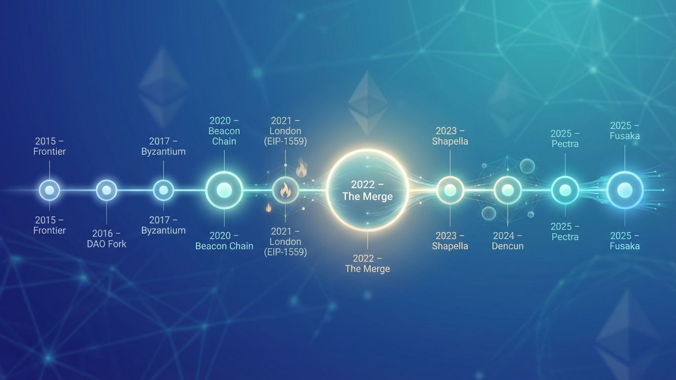 Timeline visualization showing Ethereum's evolution from its 2015 Frontier launch through the 2025 Fusaka upgrade