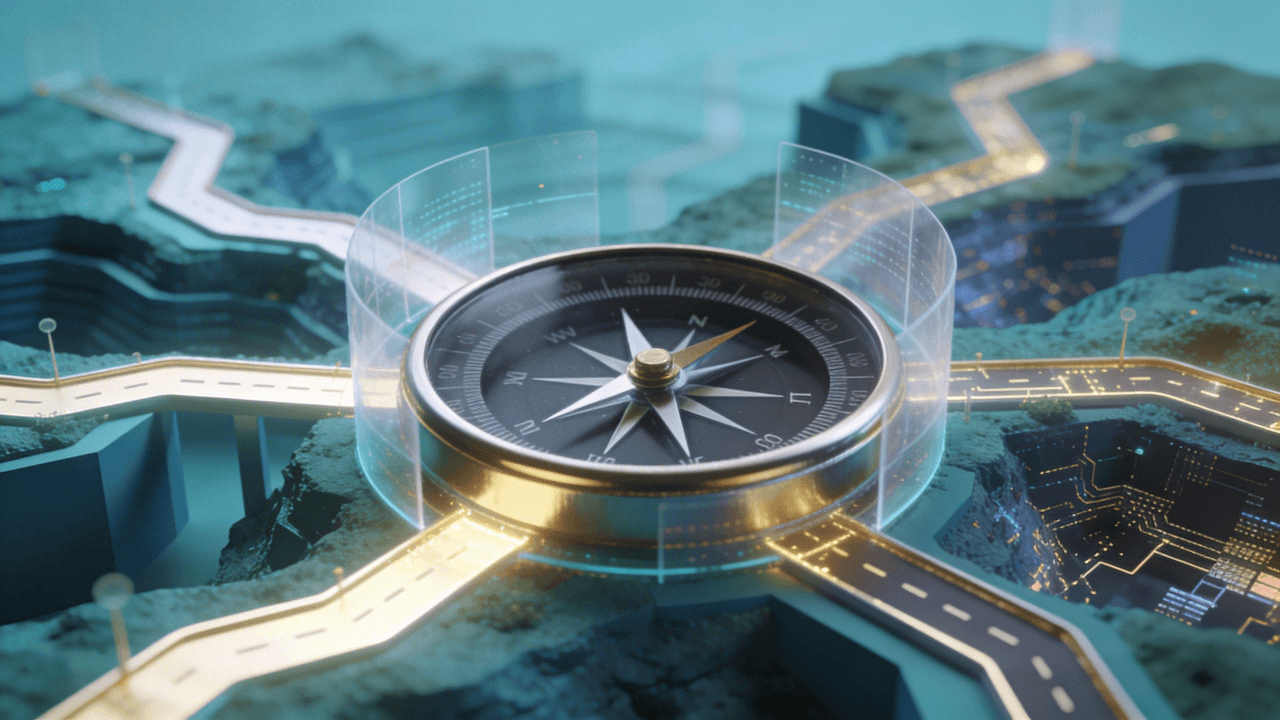 Illustration of choosing between free and paid crypto courses, showing a compass guiding learners through different blockchain education paths