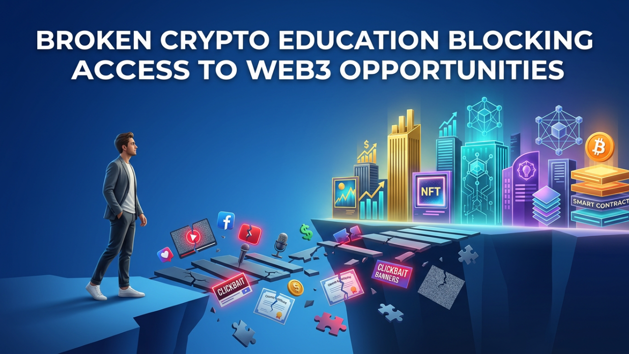 Illustration showing the gap between crypto education promises and the real opportunities people miss when education is built to sell rather than teach