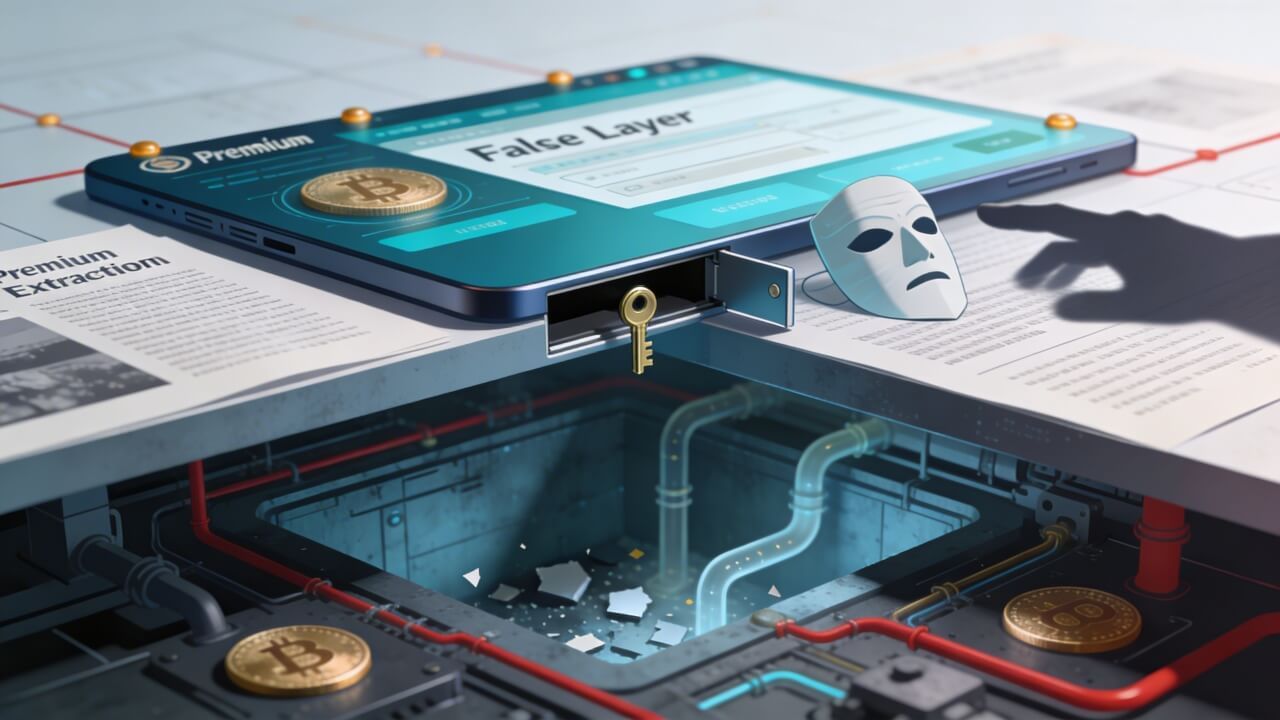 Illustration of crypto scams in 2026, showing a fake investment app, hidden theft mechanism, and deceptive tactics used to steal cryptocurrency