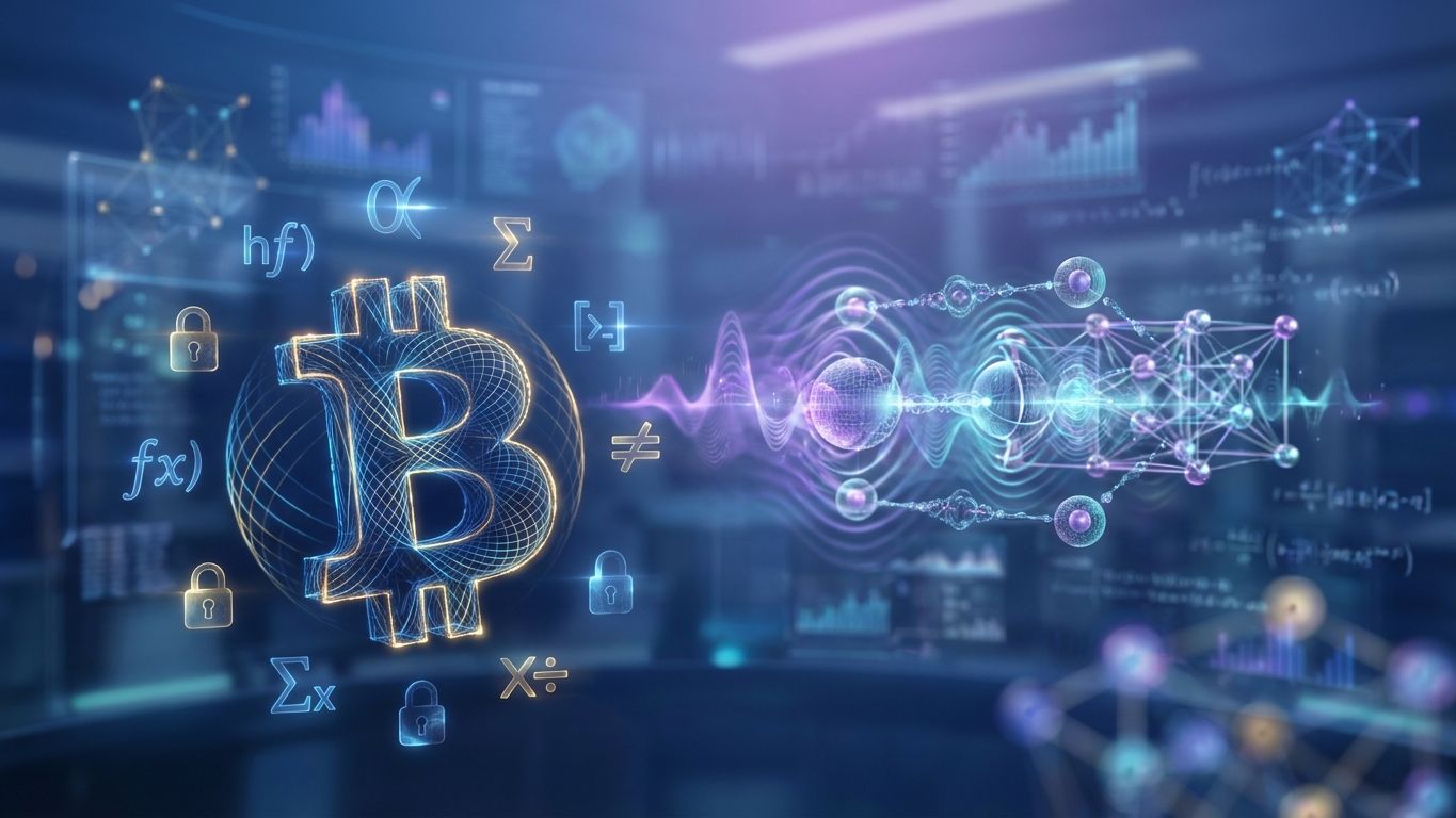 Conceptual illustration of quantum computing analyzing Bitcoin cryptography, showing qubits interacting with blockchain encryption and elliptic curve security