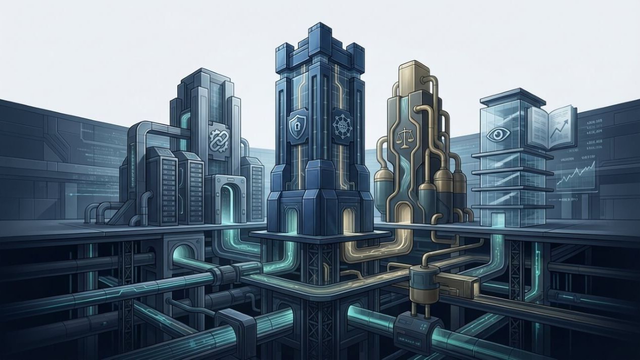 Illustration of the most valuable crypto companies, showing digital infrastructure for exchanges, custody, regulation, and blockchain data services