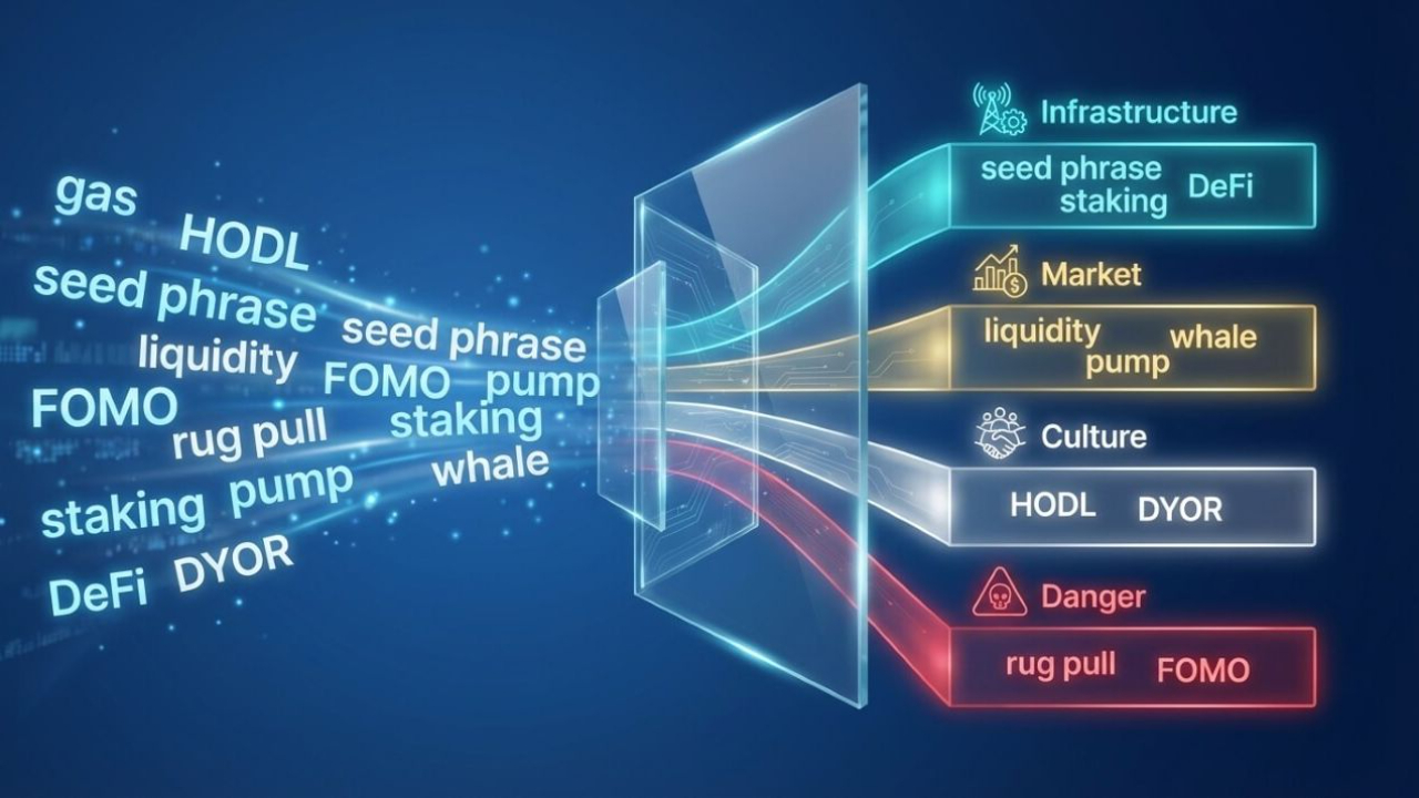 Illustration of crypto terminology organized into four categories—infrastructure, market, community culture, and danger signals—shown as a structured framework for understanding blockchain jargon