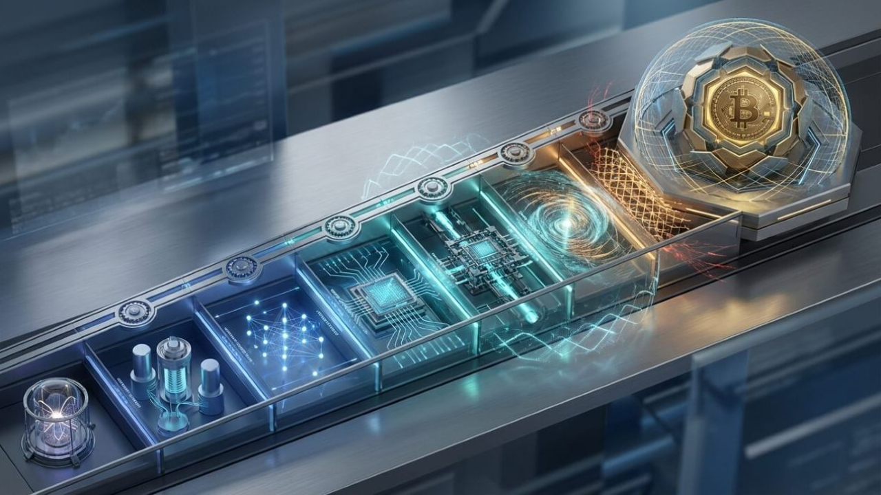 Illustration of quantum computing and crypto security, showing advanced processing stages leading toward a Bitcoin system and blockchain encryption risk