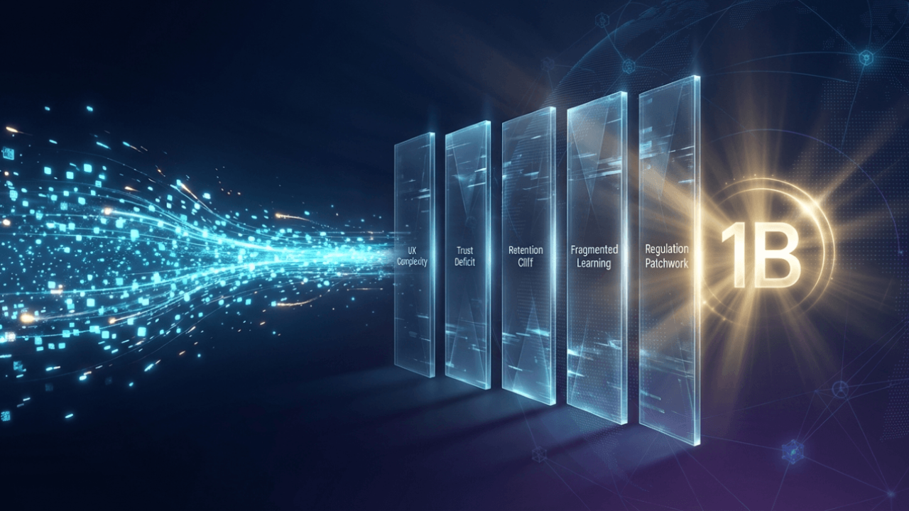 Five structural barriers preventing cryptocurrency adoption from reaching one billion users, including UX complexity, trust deficit, user churn, fragmented learning, and regulatory inconsistency