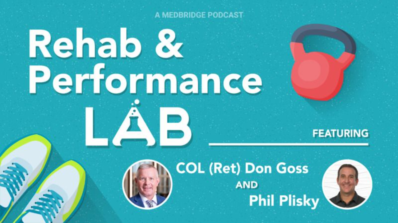 Podcast cover image for the Rehab & Performance Lab featuring Col (Ret) Don Goss and Phil Plisky, with a teal background, running shoes, and a kettlebell graphic.