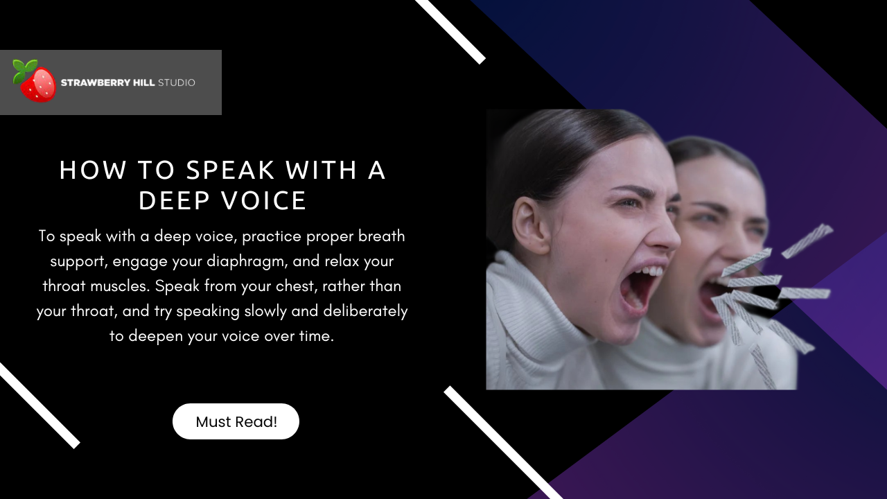 Image of two ladies doing vocal exercises to deepen their voice with the text "how to speak with a deep voice" 