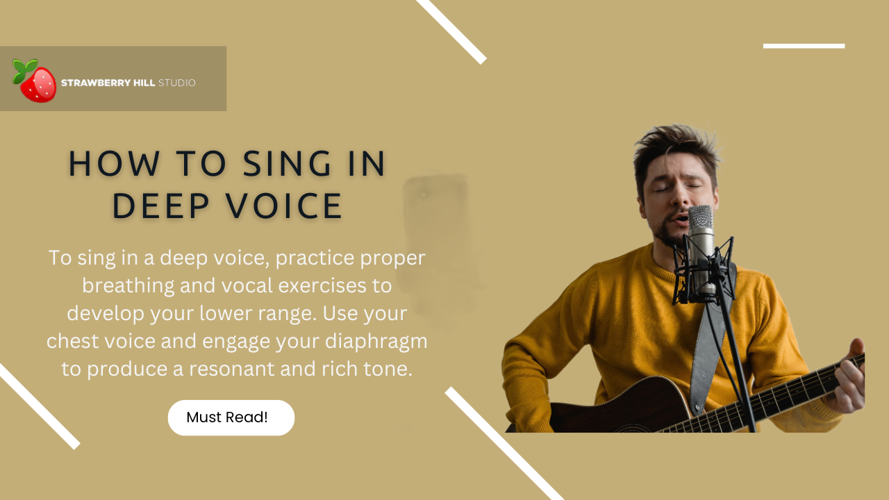 Image of person practicing singing in a deep voice with microphone and music instrument in hand