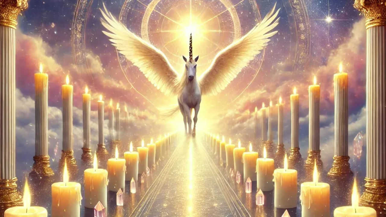 A golden glowing path lined with candles, crystals, and a unicorn at the end, symbolizing 'The Sovereign Path' theme for 2025