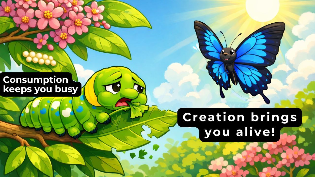 Illustration of a caterpillar consuming leaves and a butterfly flying freely, symbolising the shift from consumption to creation and personal transformation