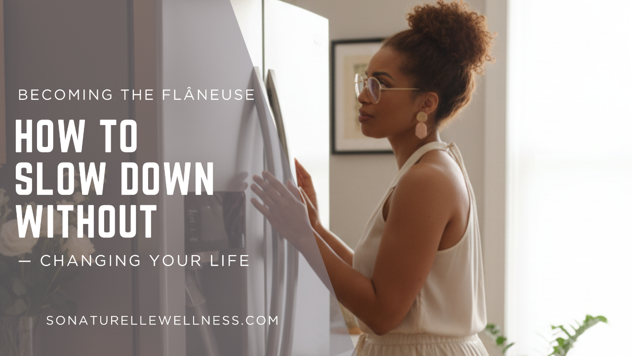 Elegant midlife woman walking slowly through city street reflecting the flâneuse slow living lifestyle