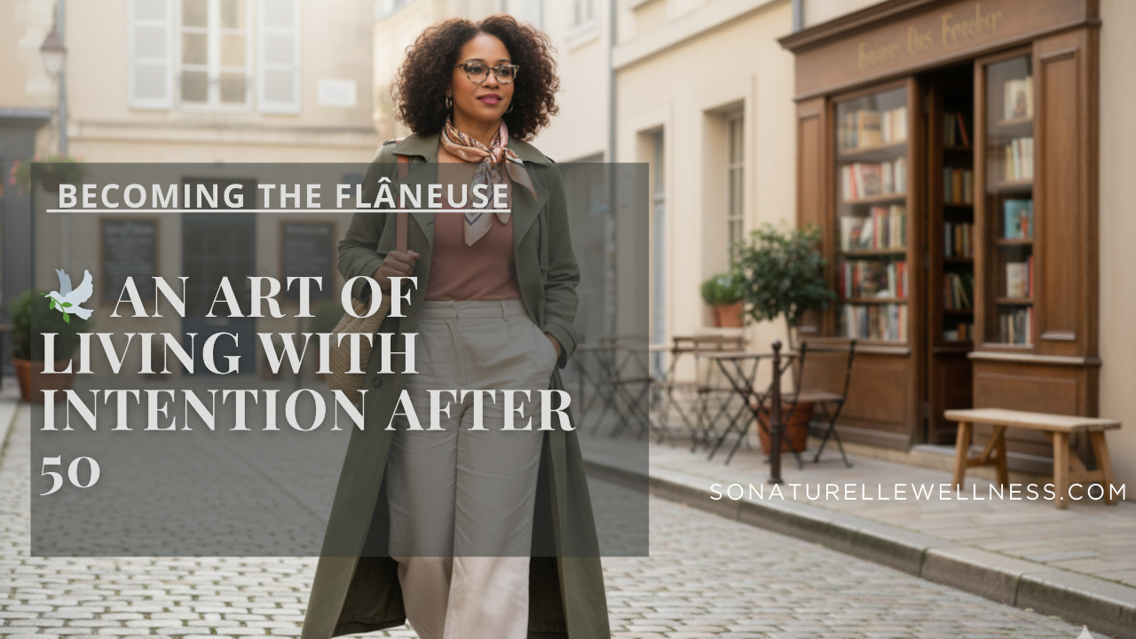 A woman walking alone through a calm city street, moving slowly and with intention