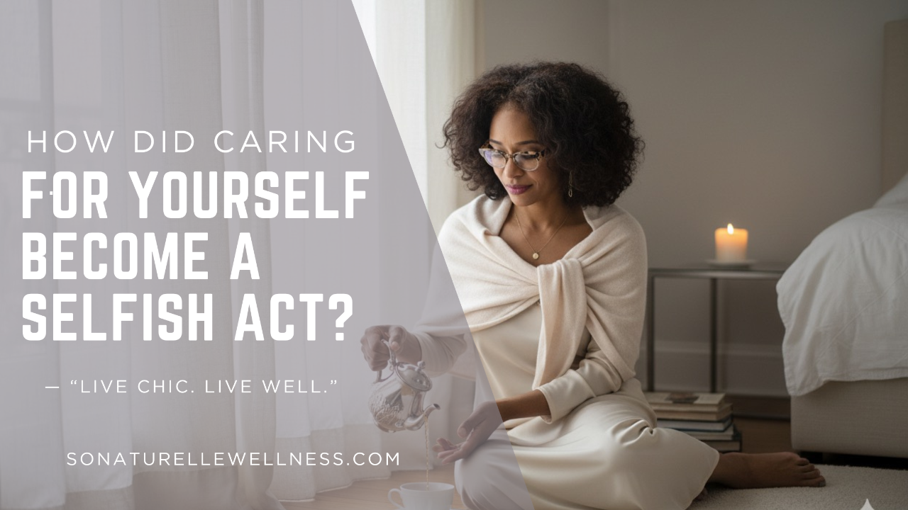 woman 50, pouring tea for herself, self-care act.