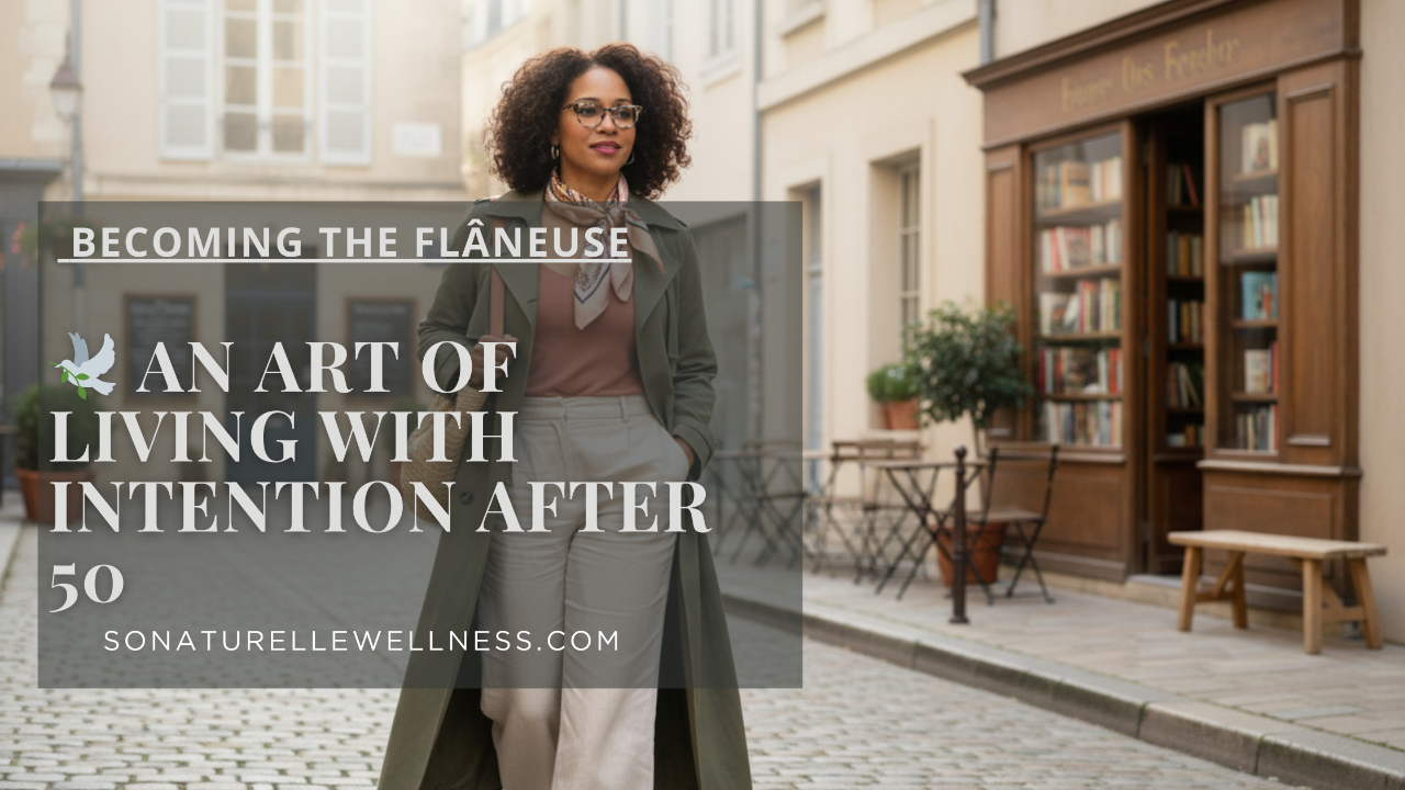 A woman walking alone through a calm city street, moving slowly and with intention