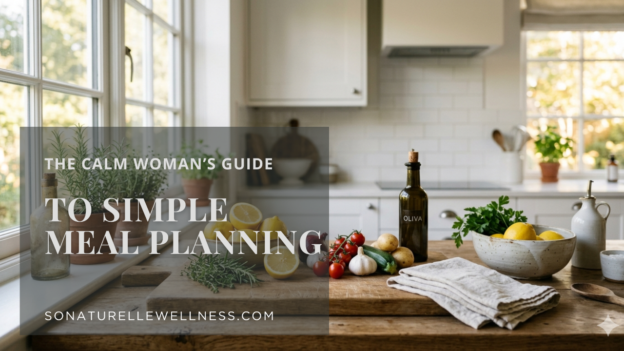 low stress cooking and meal planning for women over 50 with simple healthy ingredients on a kitchen counter
