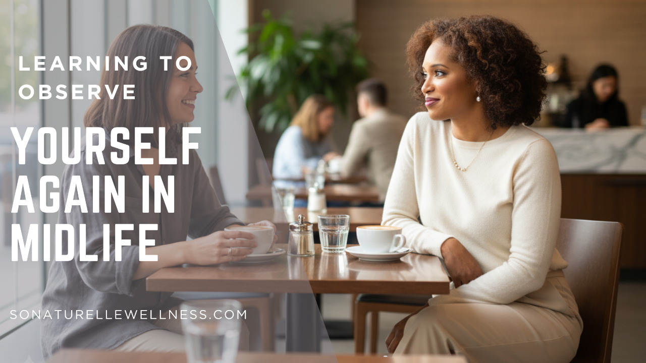 Elegant woman over 50 sitting at a café table reflecting quietly by a window, representing self-observation and midlife reinvention