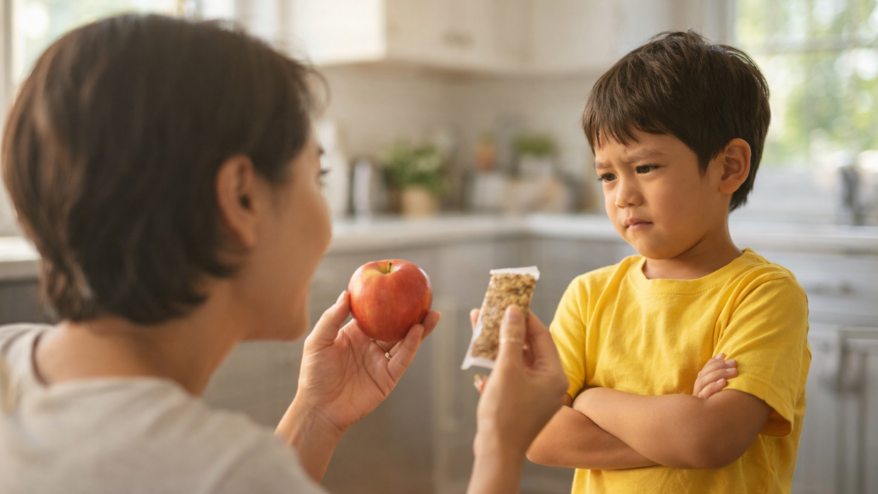 Parent offering choices to a frustrated strong-willed child during a parenting moment