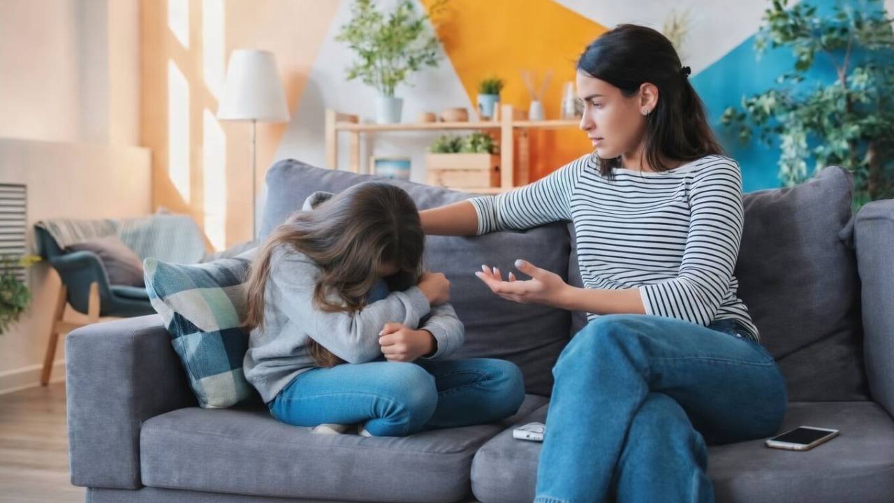 Calm parent talking with frustrated strong-willed child during a parenting conflict.