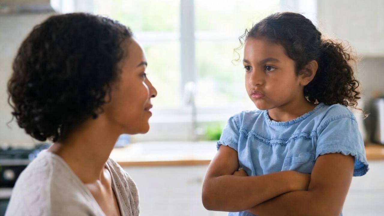 Calm parent responding to a frustrated strong-willed child during a power struggle