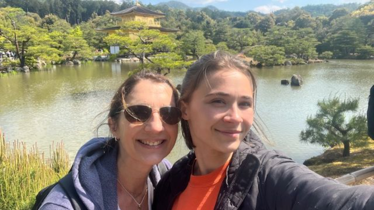 Mel Peirce with her daughter at the Golden Temple in Kyoto after raising a strong-willed child