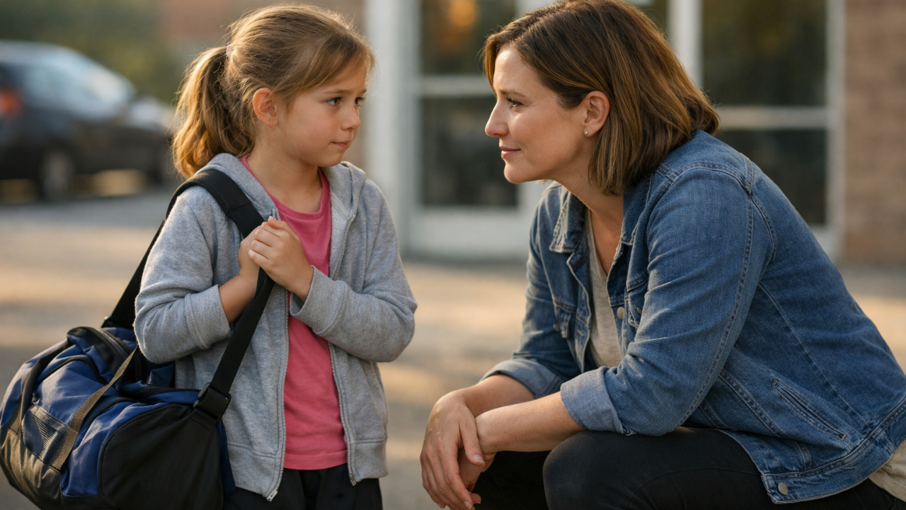 Calm parent crouching at eye level with nervous child before sports practice, showing emotional validation and confidence-building support.