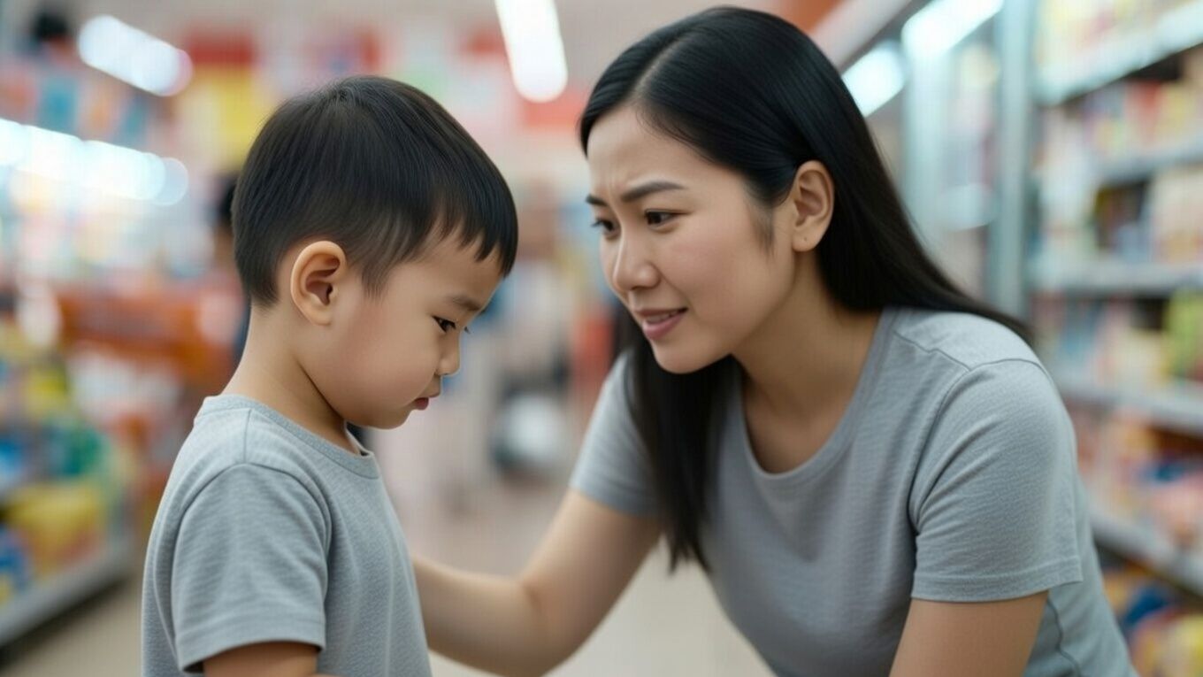 Calm parent crouching to comfort an upset young child in a grocery store, modeling emotional safety and confidence