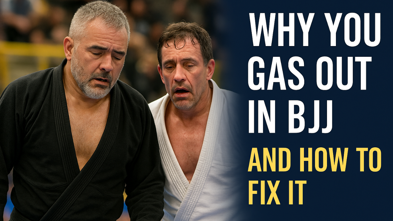 “Two exhausted Brazilian Jiu-Jitsu competitors — one in a black gi and one in a white gi — looking tired during a tournament match, representing the concept of gassing out in BJJ.”