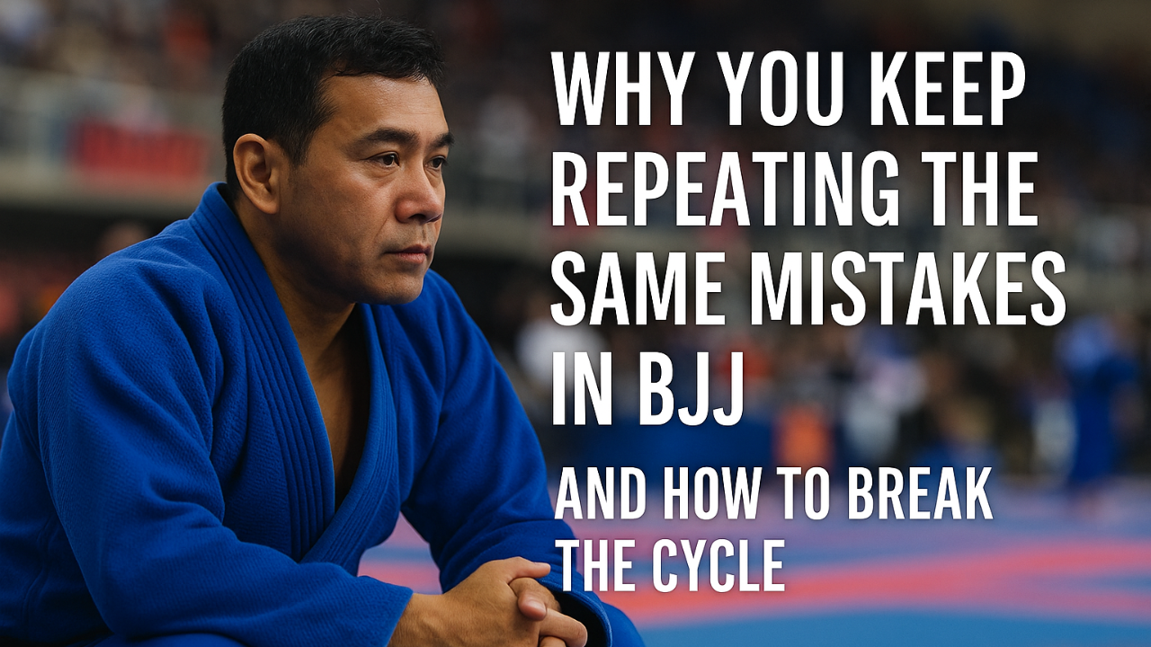“Middle-aged BJJ competitor in a blue gi looking focused before a match at a tournament — header image for the blog ‘Why You Keep Repeating the Same Mistakes in BJJ and How to Break the Cycle