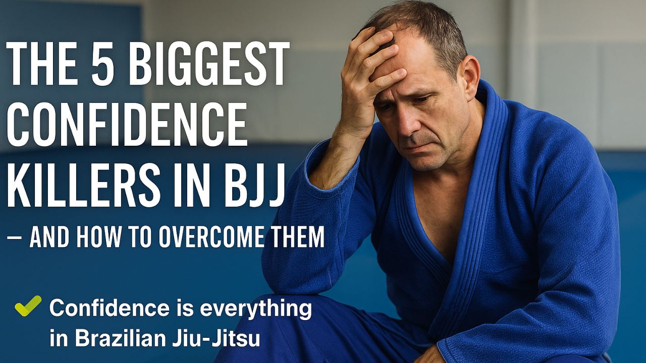 Middle-aged Brazilian Jiu-Jitsu practitioner in a blue gi struggling with confidence during training, representing the concept of confidence killers in BJJ.