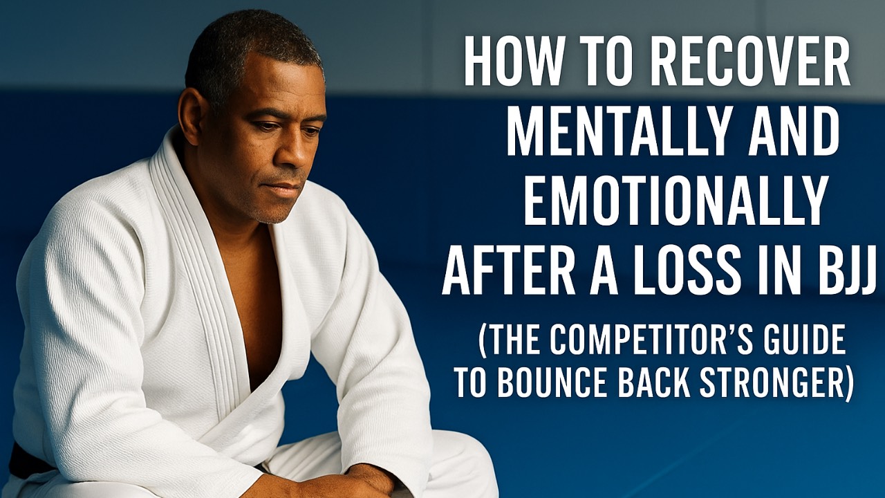 “Middle-aged Brazilian Jiu-Jitsu athlete wearing a white gi sitting on the mats looking disappointed after a loss — representing mental and emotional recovery in BJJ.”