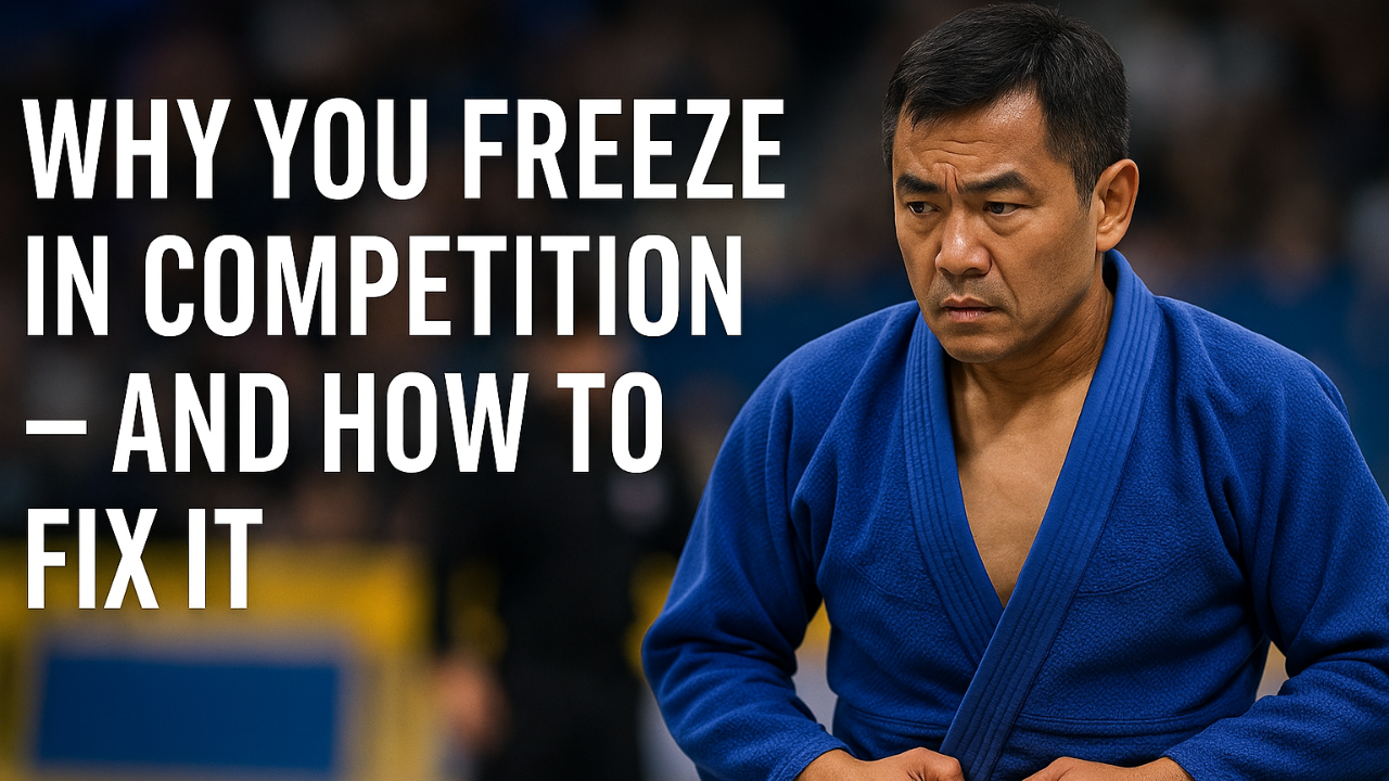 “Middle-aged BJJ competitor wearing a blue gi preparing for a match at a tournament, used for the article ‘Why You Freeze in Competition — And How to Fix It’.”