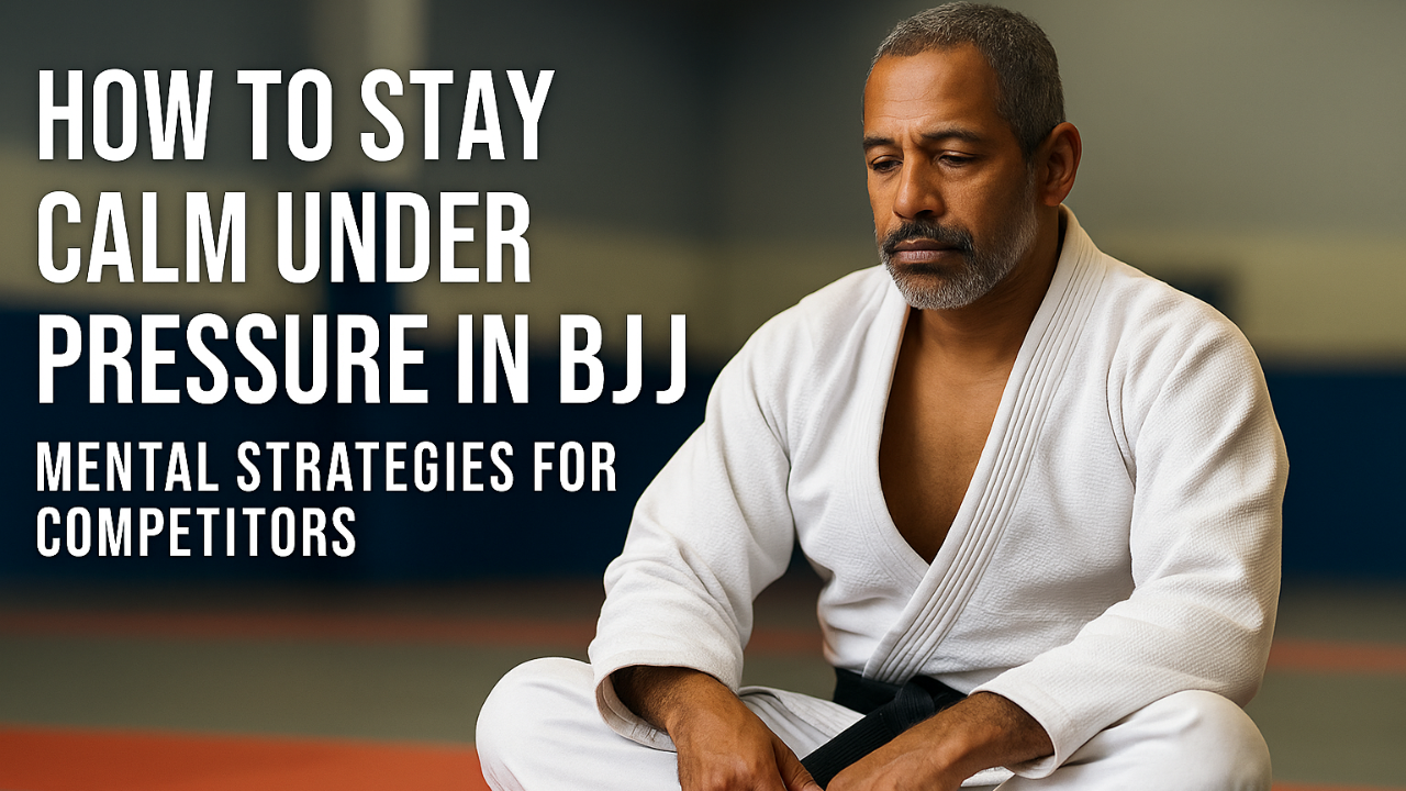 Middle-aged Brazilian Jiu-Jitsu practitioner in a white gi sitting on the mats, looking calm and focused, with blog title text “How to Stay Calm Under Pressure in BJJ – Mental Strategies for Competitors.”