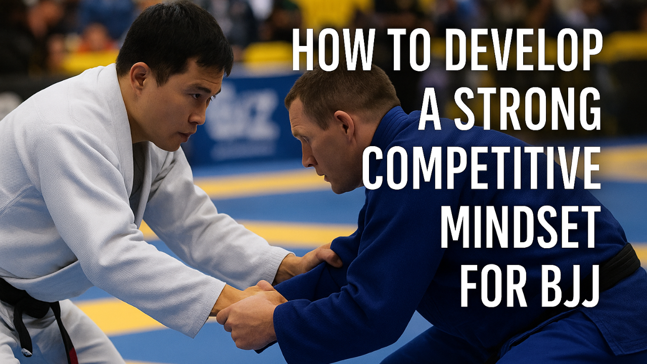 Two Brazilian Jiu-Jitsu competitors (one Asian in a white gi and one Black athlete in a blue gi) gripping for position during a tournament, both focused and preparing to engage