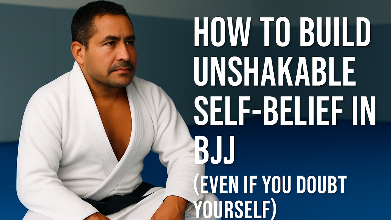 “Middle-aged Brazilian Jiu-Jitsu athlete in a white gi sitting on the mats, looking focused — blog header image for ‘How to Build Unshakable Self-Belief in BJJ.’”