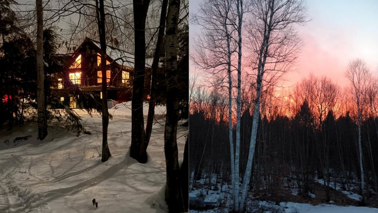 Side-by-side photos of a cozy, warmly lit home seen through snowy woods at night and a wooded path with bare trees silhouetted against a glowing sunrise sky, reflecting perspective and unseen digital clutter.